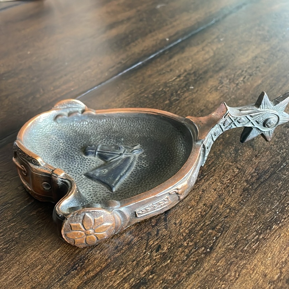 Vintage Equestrian Trinket Dish 1950’s metal like bronze spur with horse head